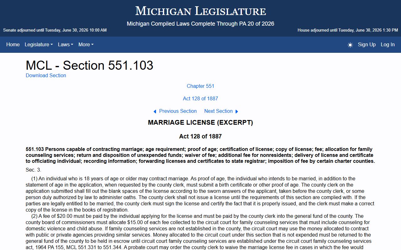 Clare County marriage license records fee statute