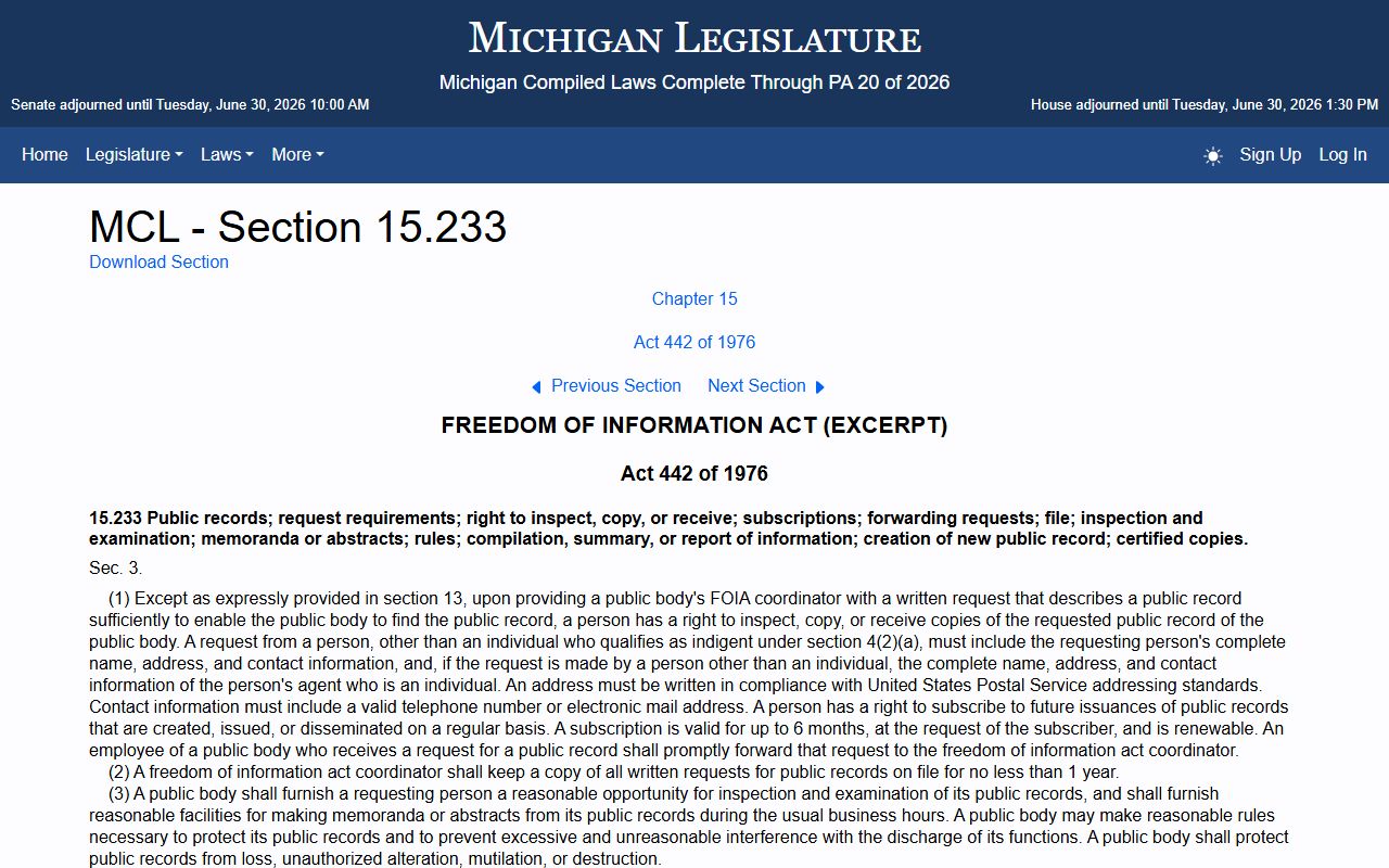 Clare County court records FOIA request processing statute