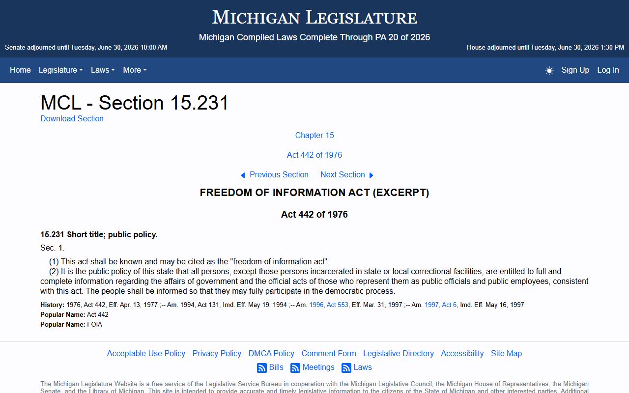 Clare County court records public access FOIA statute