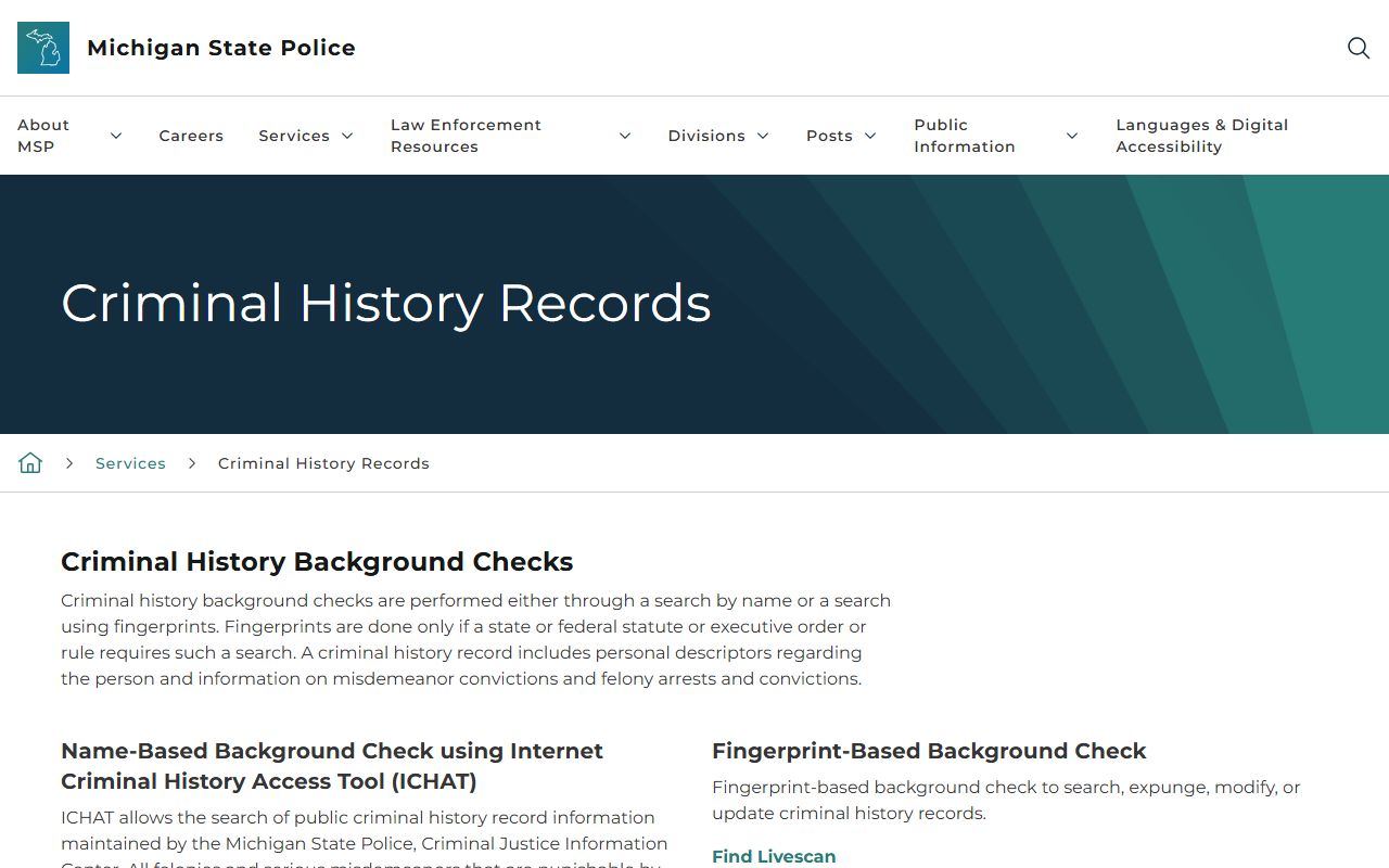 Clare County criminal court records Michigan State Police criminal history page