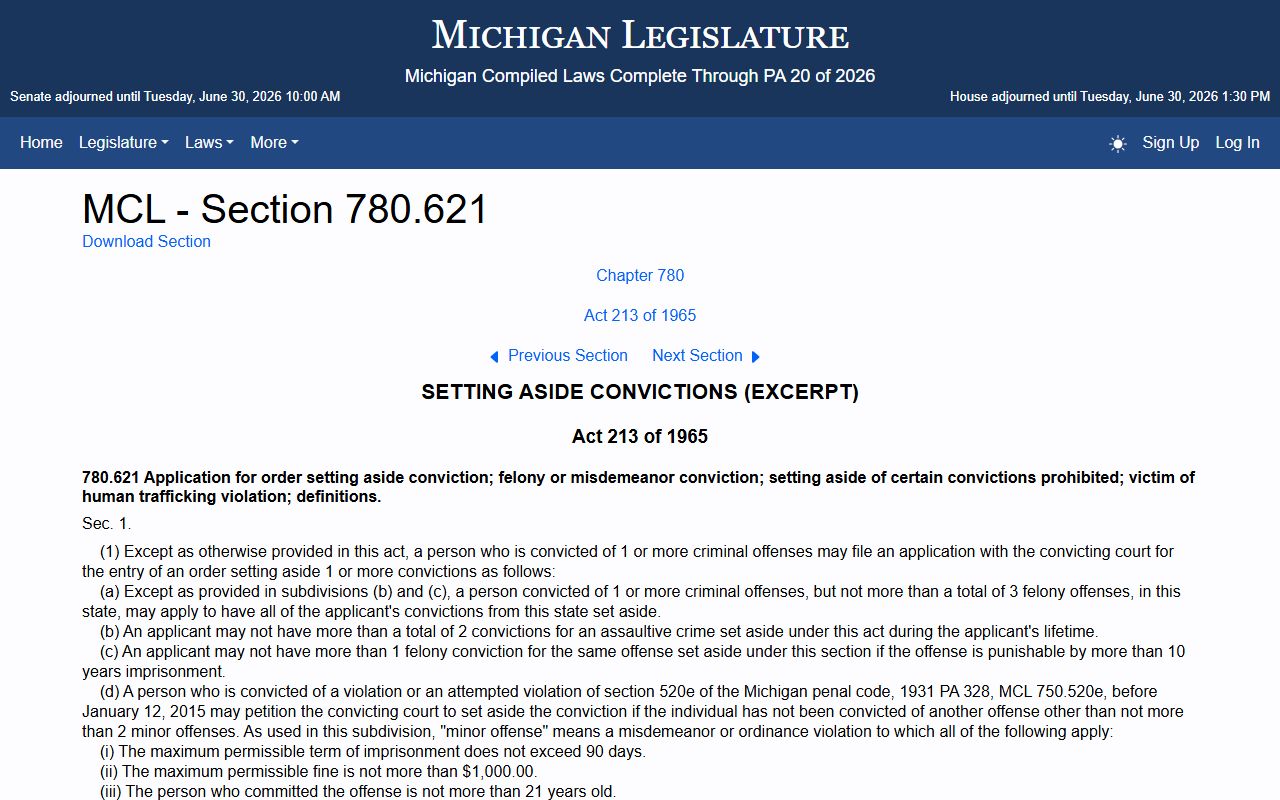 Clare County criminal court records set-aside statute MCL 780.621