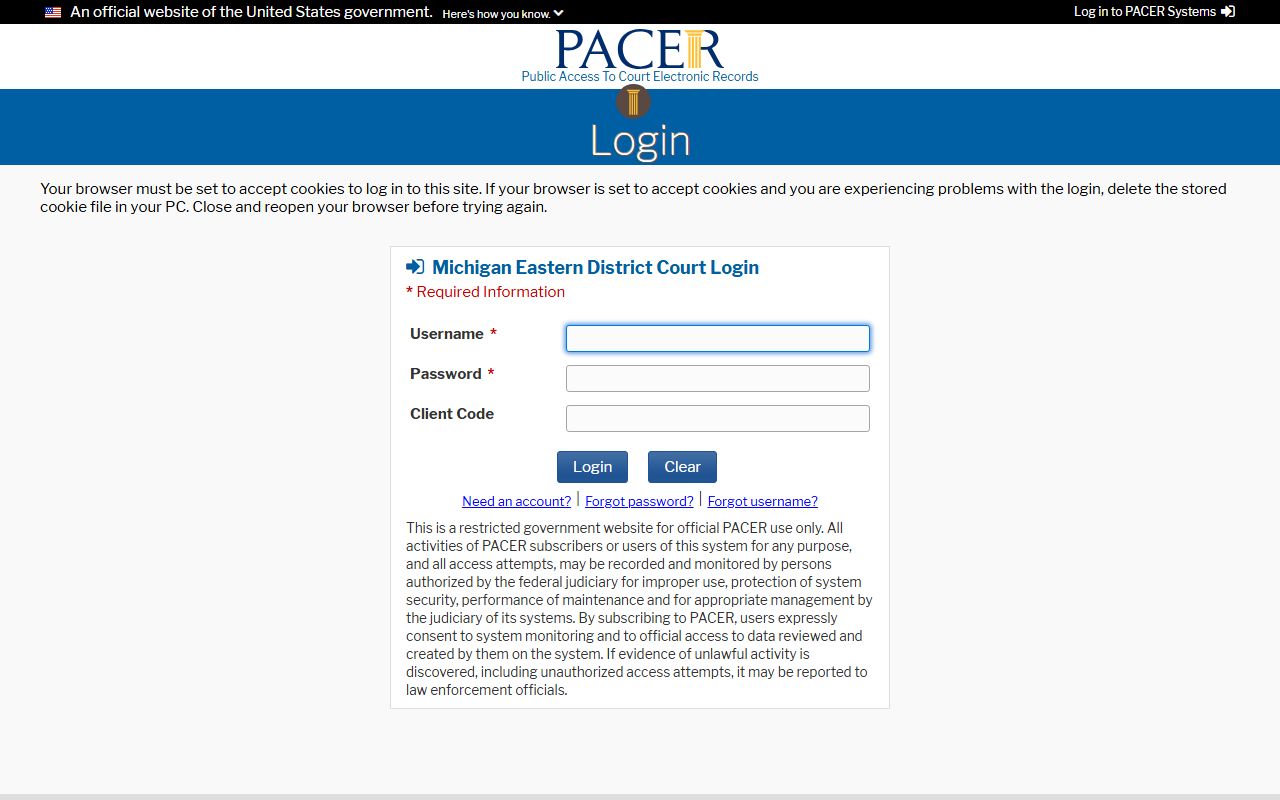 Clare County circuit court PACER federal court records login