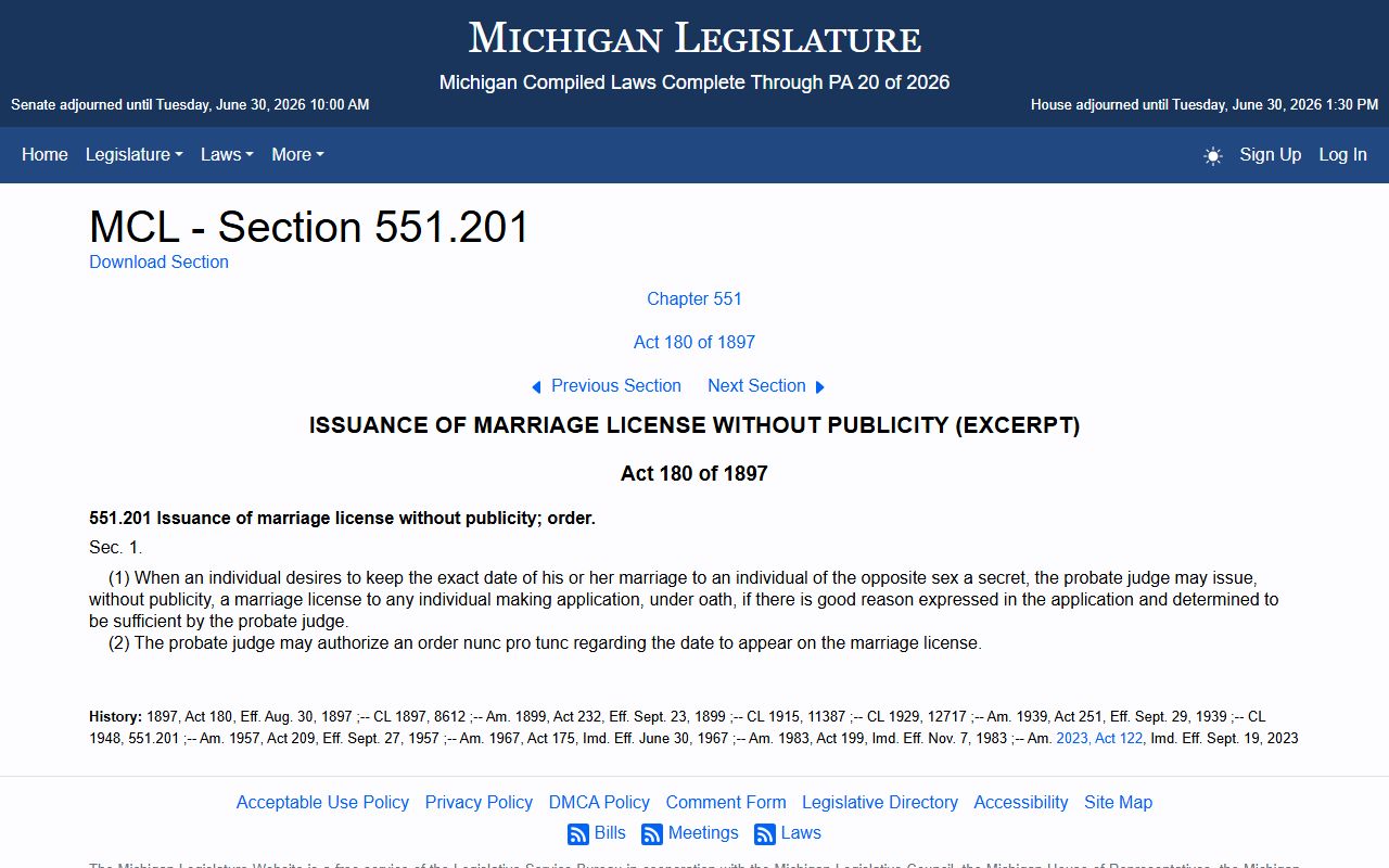 Clare County circuit court marriage license statute record