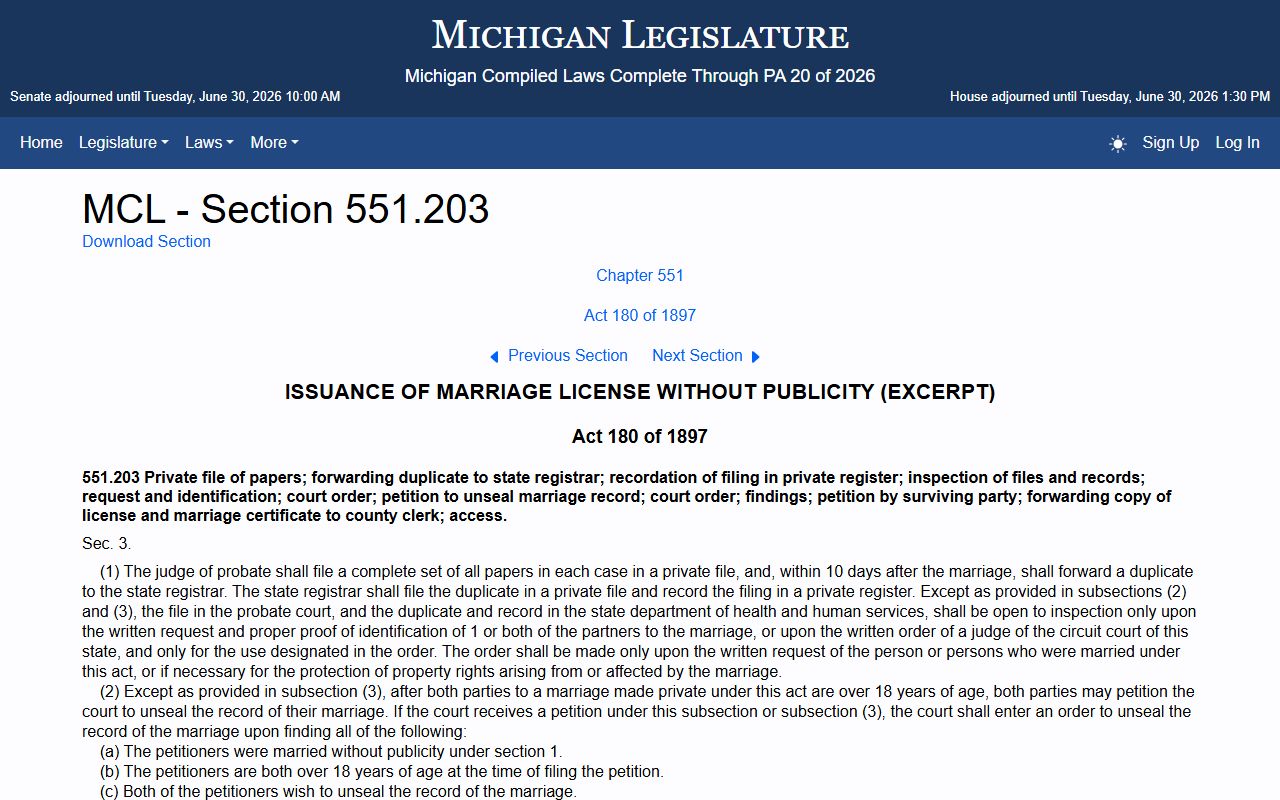 Clare County probate records private marriage inspection statute